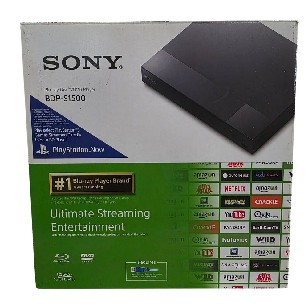 SONY BDP-S1500 Blu-Ray DVD Player Black HD 1080p TRILUMINOUS Smart Apps Wired
